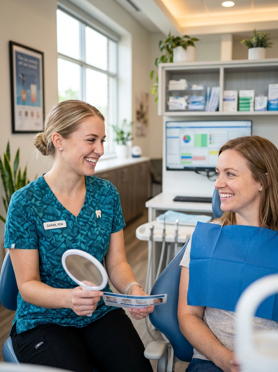 Dental assistant with patient